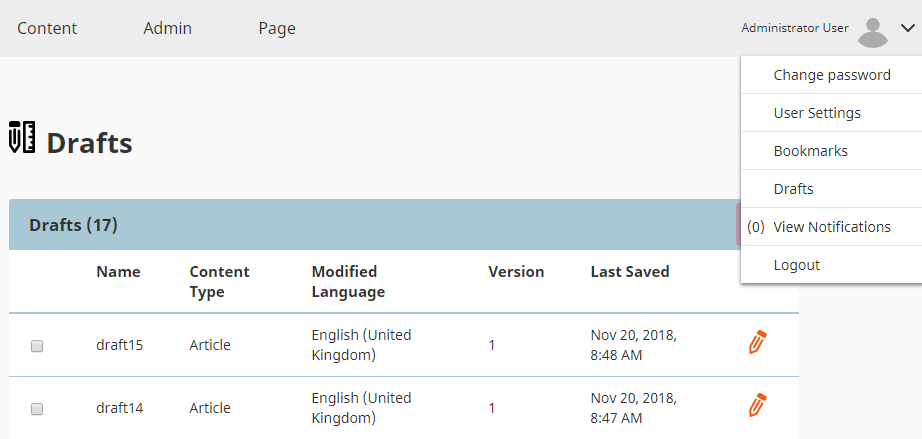 Administrator User list of all Drafts